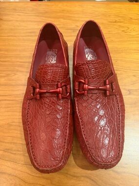 Salvatore Ferragamo Red Croc-Embossed Leather Bit Loafers
